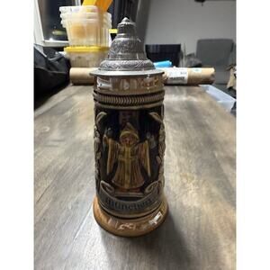 Vintage German R Bay Ceramic Munchen Beer Stein 8.25" Tall w Pewter Lid Handle
